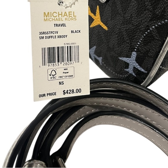 Michael Kors Small Duffle Crossbody Black Airplane Print Jet Set Multicolor - Picture 9 of 10